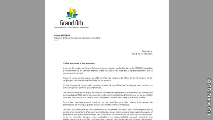 Pôle culturel et musical : courrier du président 