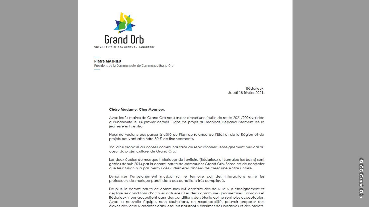 Pôle culturel et musical : courrier du président